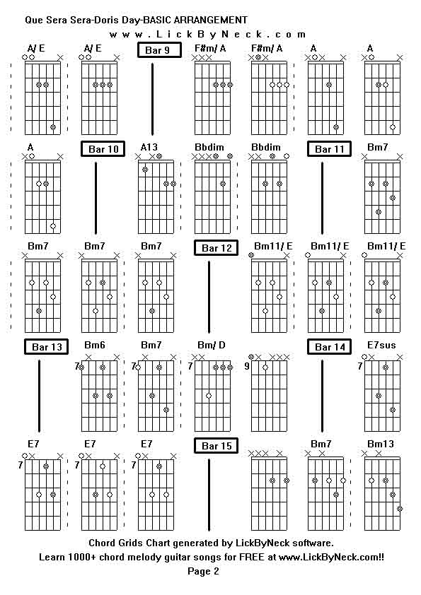 Chord Grids Chart of chord melody fingerstyle guitar song-Que Sera Sera-Doris Day-BASIC ARRANGEMENT,generated by LickByNeck software.